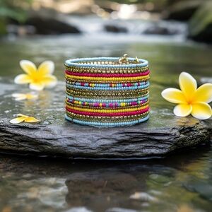 ​Glass Bead Iron Boho Cuff Bracelet Indian Artisanal Pastel Brass Statement